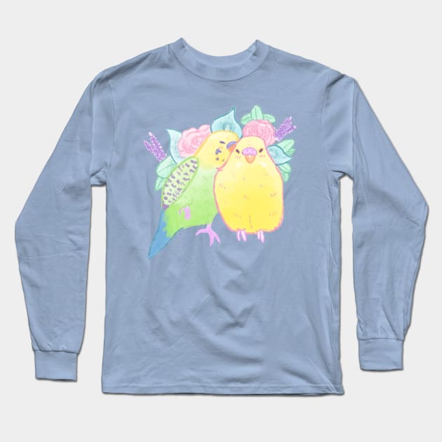 Snuggling Budgies Long Sleeve T-Shirt by JessaCreation